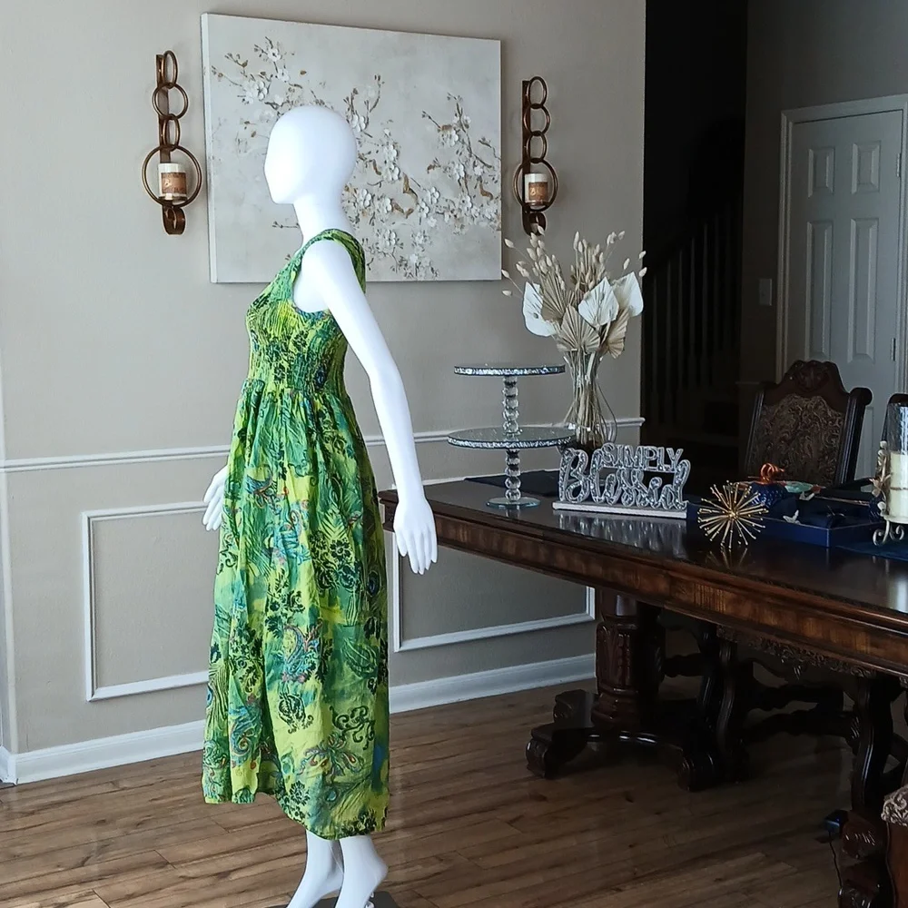 Women's Green Tropical Print Sleeveless Cotton Summer Dress By Hanna Small